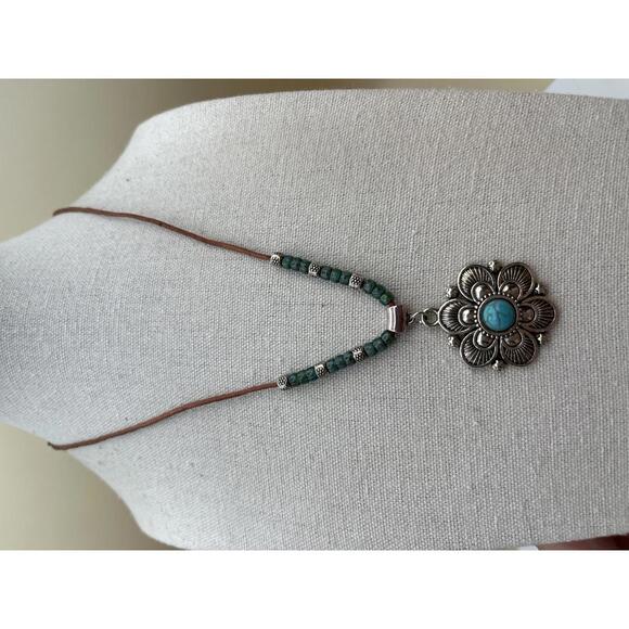 Jewelry - Bohemian Silver and Turquoise Pendant Necklace with Leather Cord